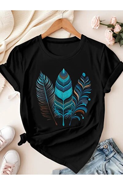 l'eivor تي شيرت قطني نسائي مطبوع عليه ريش طيور زرقاء