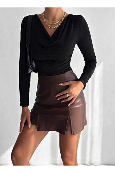 Cuyka Kadın Bluz Uzun Kollu Degaje Yaka Drapeli Slim Fit -