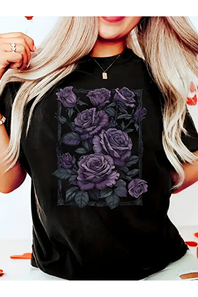 l'eivor Purple Flower & Black Leaf Printed Women's Cotton T-Shirt