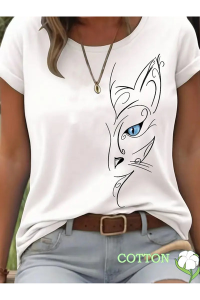l'eivor Blue Eyed Cat Minimal Design Printed Women's Cotton T-Shirt
