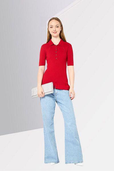 Stella McCartney Women Spread Collar Short Sleeve Solid Top, Red