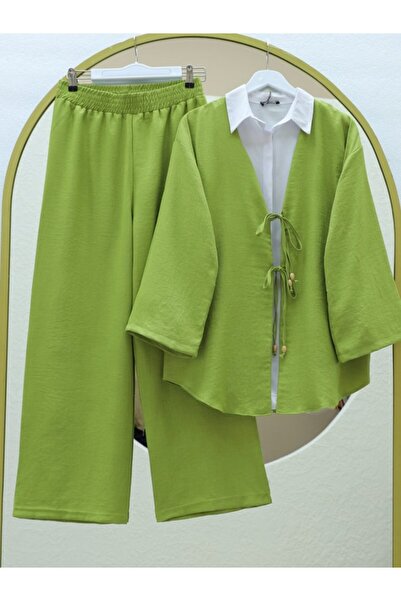 trend_ermege طقم كيمونو مع بنطلون برباط مزدوج في الأمام - أخضر دهني