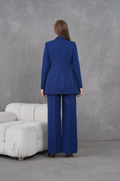 nodilife Kuşaklı Kuşaklı Ceket Bol Paça Pantolonlu Kadın Takım Lacivert