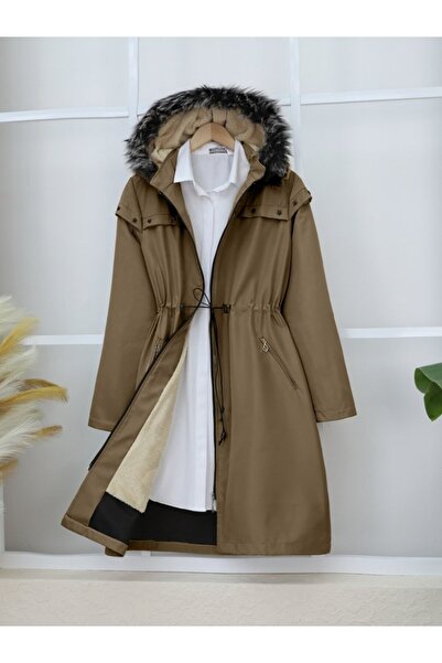 A&WİSE Striped Hooded Star Metal Detailed Coat -Tan