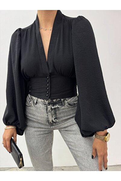 ALPACO Mânecă cu balon cu nasturi și spate elastic - Sandy Crop -Negru -COLLECTION