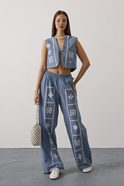 ALPACO cu imprimeu set cu vestă seturi cu legături în față - Indigo -COLECȚIE