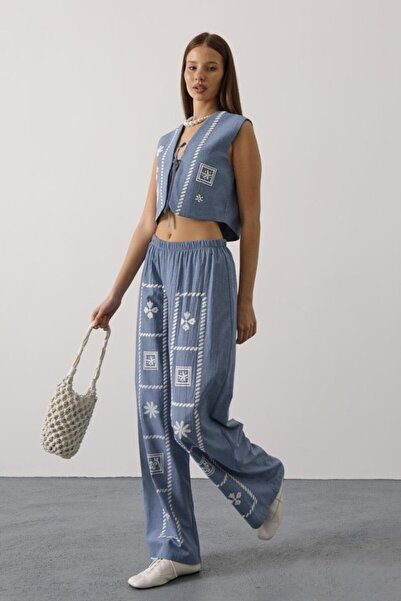 ALPACO cu imprimeu set cu vestă seturi cu legături în față - Indigo -COLECȚIE