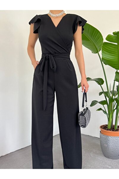 merinsmoda Fermuar Detaylı Fırfırlı Tulum -Siyah