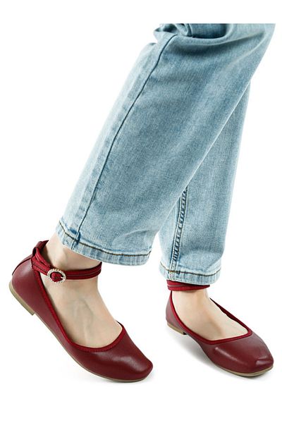 london Rag Women Ankle Strap Detail Ballet Flats in Burgundy