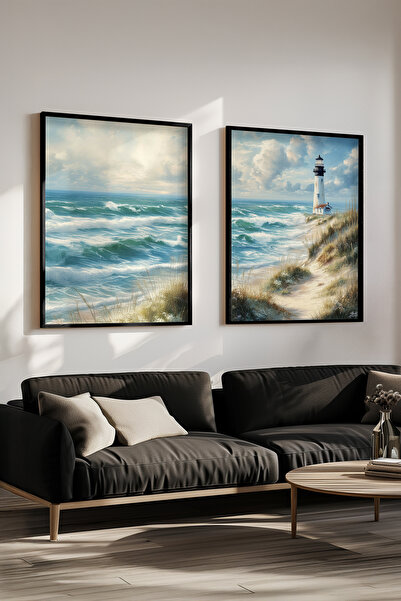 STARYUNA Set de picturi duble cu efect de pictură în ulei, cu vedere la far ș...