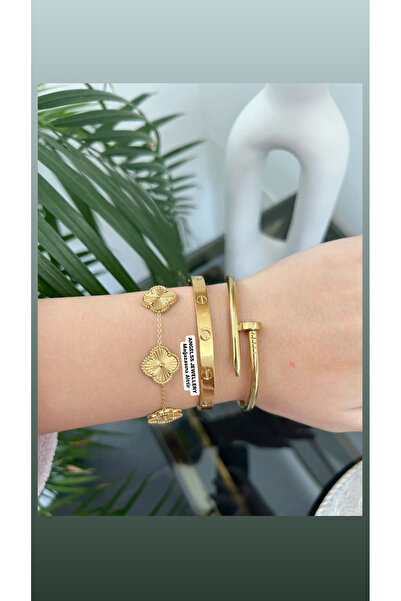 ANGELSS JEWELLERY Üçlü Kombin Yonca Model Gold Bileklik Çivi Kelepçe Bileklik...