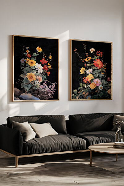 STARYUNA Set de pictură dublă cu model de flori colorate cu rame din lemn, pi...