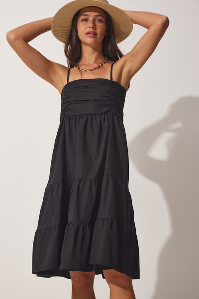 Lovelyİstanbul Καλοκαιρινό φόρεμα Poplin με λουράκι LDD0077 ΜΑΥΡΟ