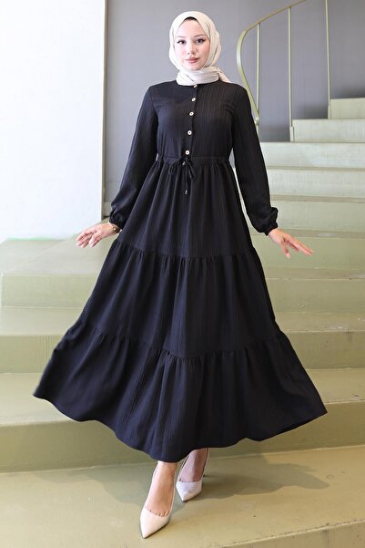 hafsamina Elisa Büzgülü Düğmeli Elbise Siyah HM2805
