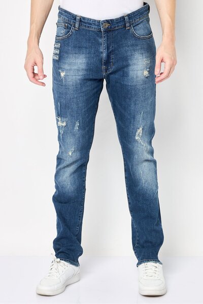Desigual Men Regular Fit Washed Denim Jean, Blue