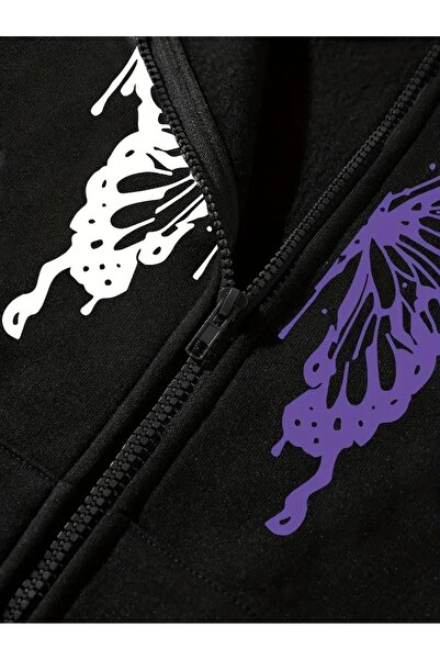 Touz Moda Butterfly Printed Oversize Zippered Black Unisex Hooded Cardigan