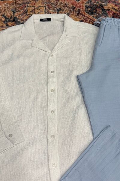 NO 601 Мъжка бяла риза с яка и бебешко синьо панталон от муслин