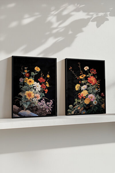 STARYUNA Set de pictură dublă cu model de flori colorate, în cadru negru, dec...