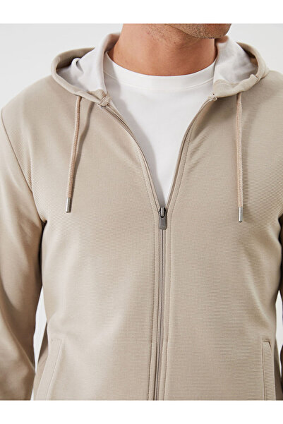 LC Waikiki Bej Kapüşonlu Uzun Kollu Erkek Fermuarlı Sweatshirt