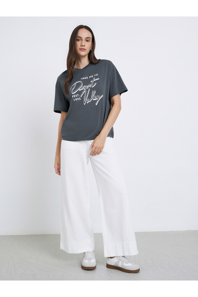 Styli Women Charcoal Graphic Print Oversized T-Shirt