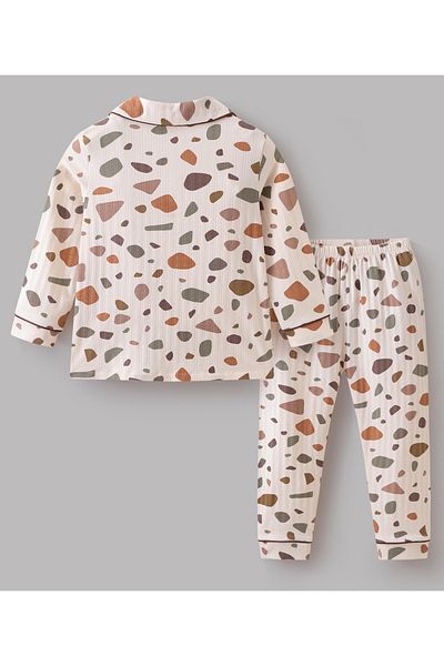 SAPS All Over Pattern Printed Full Sleeves Night Suit - Beige and Brown