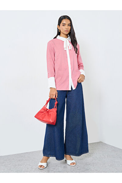 Styli قميص مخطط برباط حول الرقبة كبير الحجم