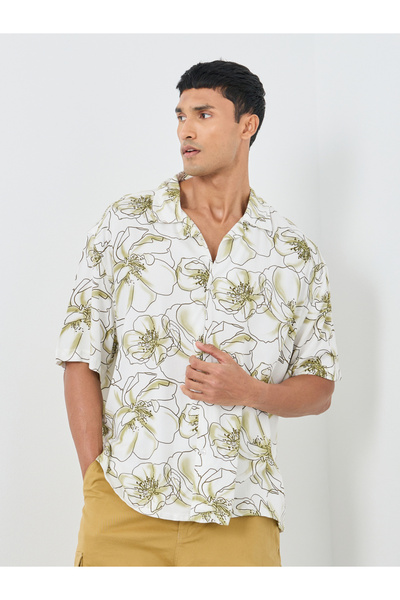 Styli All Over Print Resort Collar Oversized Shirt with Half Sleeve