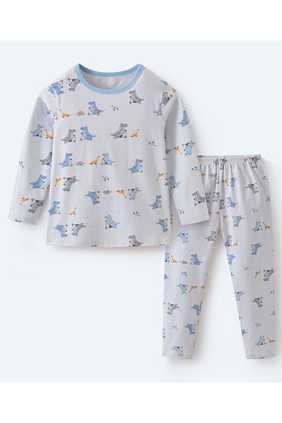 SAPS All Over Dino Printed Full Sleeves Night Suit - Grey and Blue