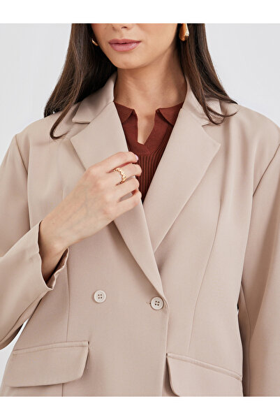 Styli Women Beige Solid Casual Blazer and Pants Co-Ods