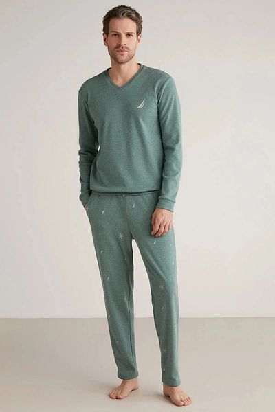 YUYİ N a U t L C a V Yaka Soft Textured Long Sleeve Men's Pajama Set