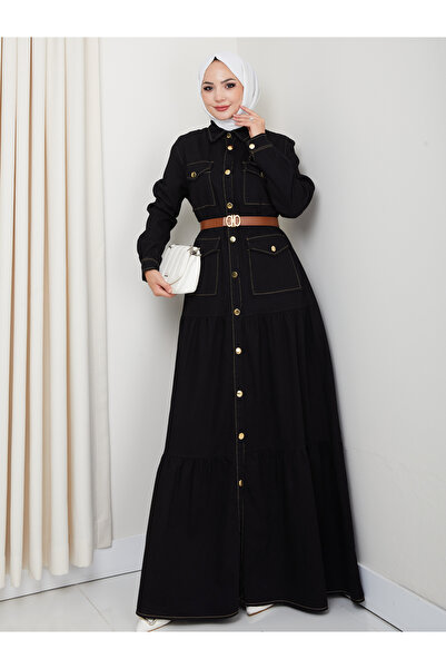 EFSUN MODA GOLD DÜĞMELİ CEPLI DERİ KEMERLİ SİYAH KOT ELBİSE TESETTÜR