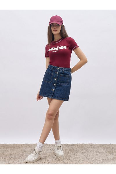 Styli Burgundy Slogan Print T-Shirt with Overlock Seam