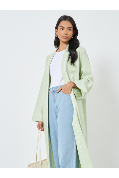 Styli Women Green Front Open Kimono with Pipping Detail
