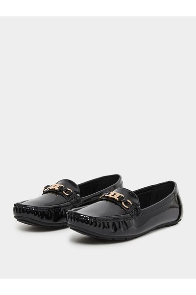 Styli Women Beige Patent Loafers with Buckle Accent