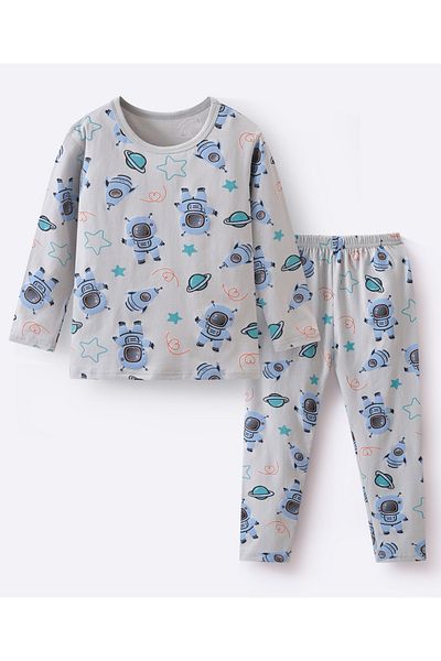 SAPS All Over Astronaut Printed Full Sleeves T-shirt and Pyjama Set - Blue and Grey