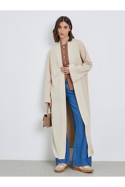 Styli Women Beige Front Open Kimono with Pipping Detail