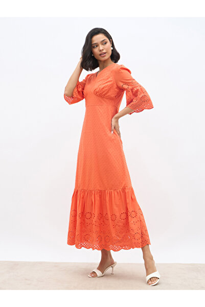 Styli Schiffli A-Line Maxi Dress with 3/4th Sleeves