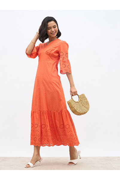 Styli Schiffli A-Line Maxi Dress with 3/4th Sleeves