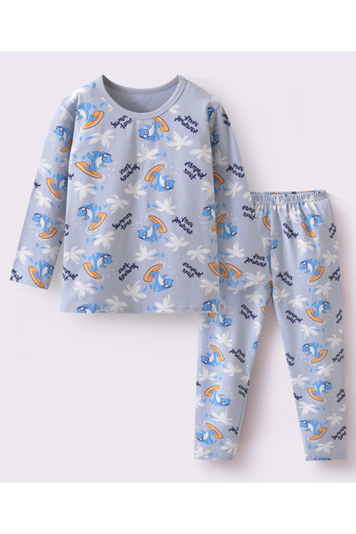 SAPS طقم تي شيرت بأكمام طويلة وبيجامة مطبوع عليه سمكة قرش وركوب الأمواج بالكا...