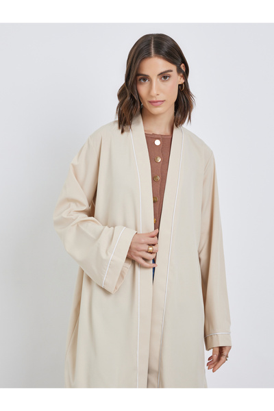 Styli Women Beige Front Open Kimono with Pipping Detail