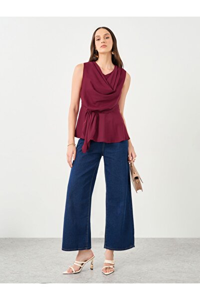 Styli Burgundy Off White Shawl Drape Sleeveless Top