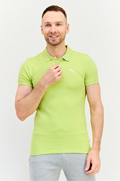 Puma قميص بولو رجالي ضيق بأكمام قصيرة مناسب للأنشطة الخارجية، لون أخضر ليموني