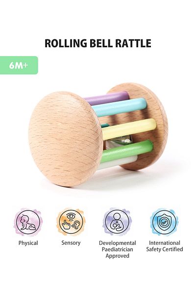 IntelliBaby Wooden Rolling Bell Rattle, 6 to 24 Months - Multicolor