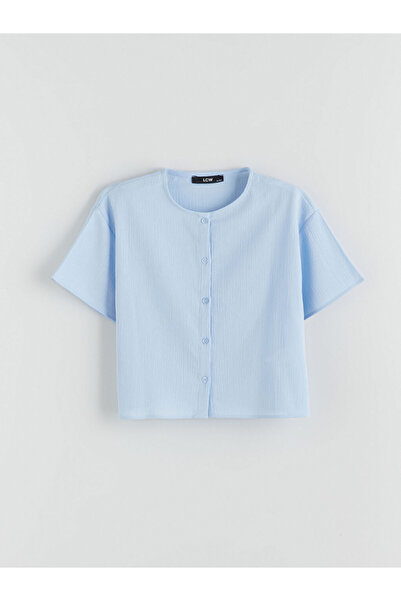 LC Waikiki Blue Crew Neck Textured Girl's Shirt