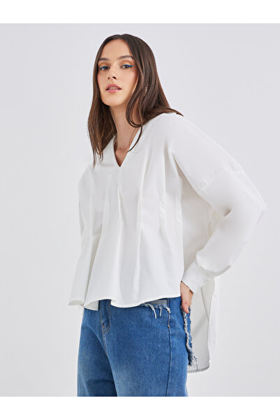 Styli Women White Front Box Pleat Drop Hem Shirt