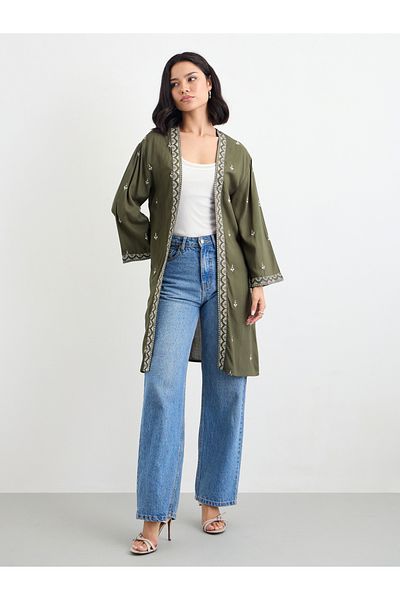 Styli Women Khaki Embroidered Kimono