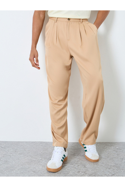 Styli Men Beige Relaxed Fit Pleated Trousers