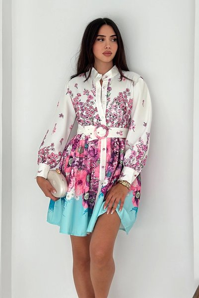 AsprinFashion Patterned Button Detailed Belted Linen Dress