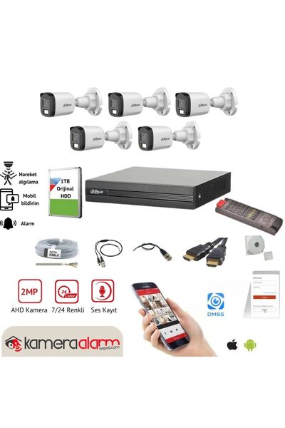 kamera alarm sepeti Dahua 5 Kameralı, Gece Gündüz Renkli, Ses Kayıt, AHD Güve...
