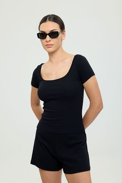 SHEISMONO Soft Rib Oval Neck Short Sleeve Blouse Black